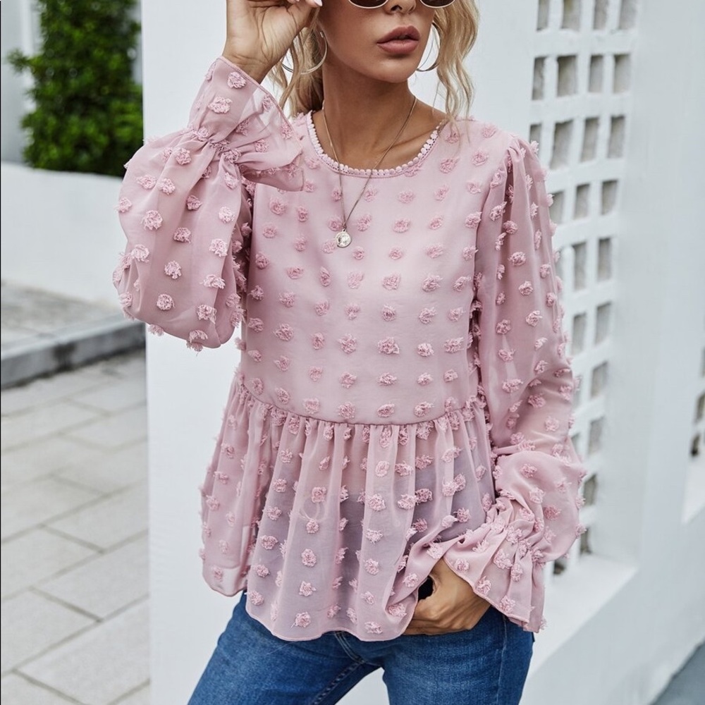 Blush dot open back Peplum Blouse - Picture 4 of 7